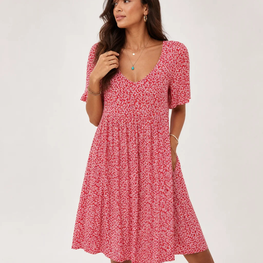 Women's Floral Print V-Neck Smock Dress | Breezy Casual Summer Maxi Dress 1