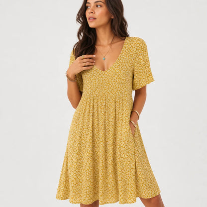 Women's Floral Print V-Neck Smock Dress | Breezy Casual Summer Maxi Dress 2