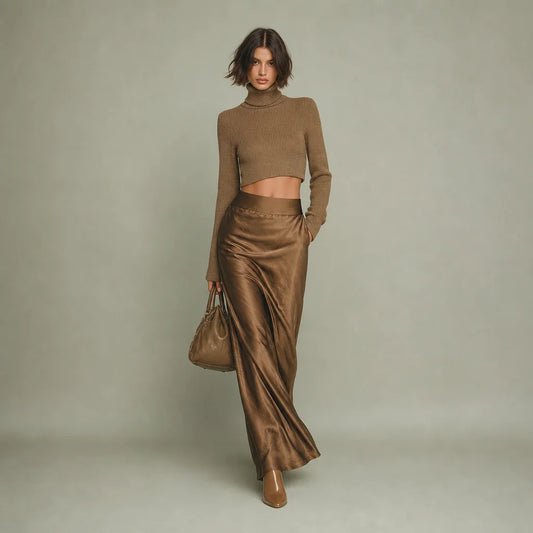 Women's Gold-Brown Knit Turtleneck Top & Satin Midi Skirt | Elegant Two-Piece Outfit for Versatile Styling 0
