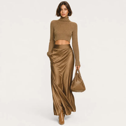 Women's Gold-Brown Knit Turtleneck Top & Satin Midi Skirt | Elegant Two-Piece Outfit for Versatile Styling 2