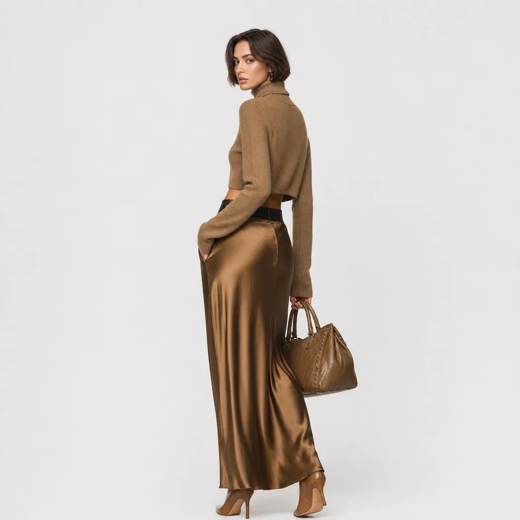 Women's Gold-Brown Knit Turtleneck Top & Satin Midi Skirt | Elegant Two-Piece Outfit for Versatile Styling 4