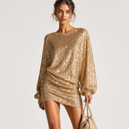 Women's Gold Sequin Mini Dress | Glamorous Loose Lantern Sleeve Cocktail Dress 2