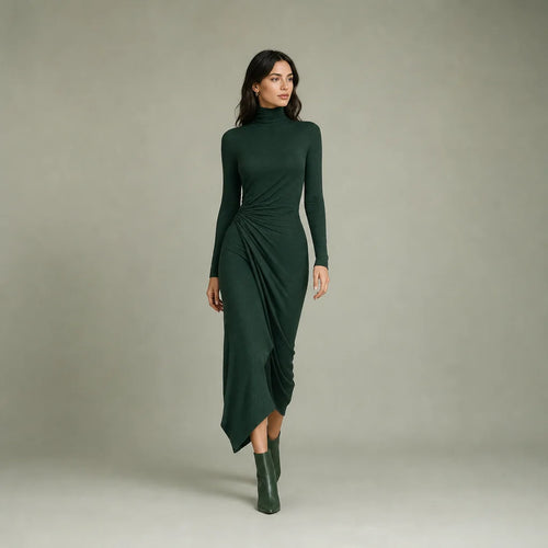 Women's High-Elastic Knitted Midi Dress | Elegant High-Neck Wrap Cocktail Dress 0