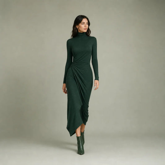 Women's High-Elastic Knitted Midi Dress | Elegant High-Neck Wrap Cocktail Dress 0