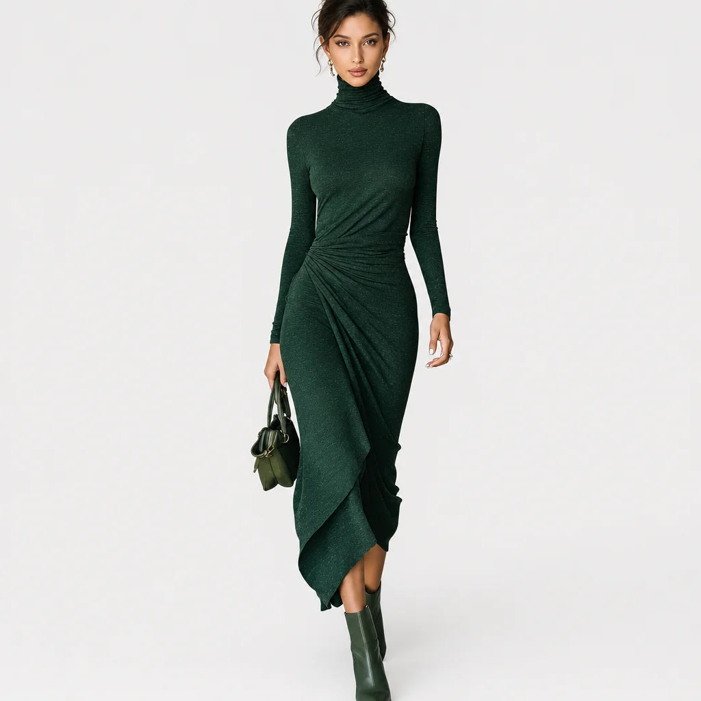 Women's High-Elastic Knitted Midi Dress | Elegant High-Neck Wrap Cocktail Dress 1