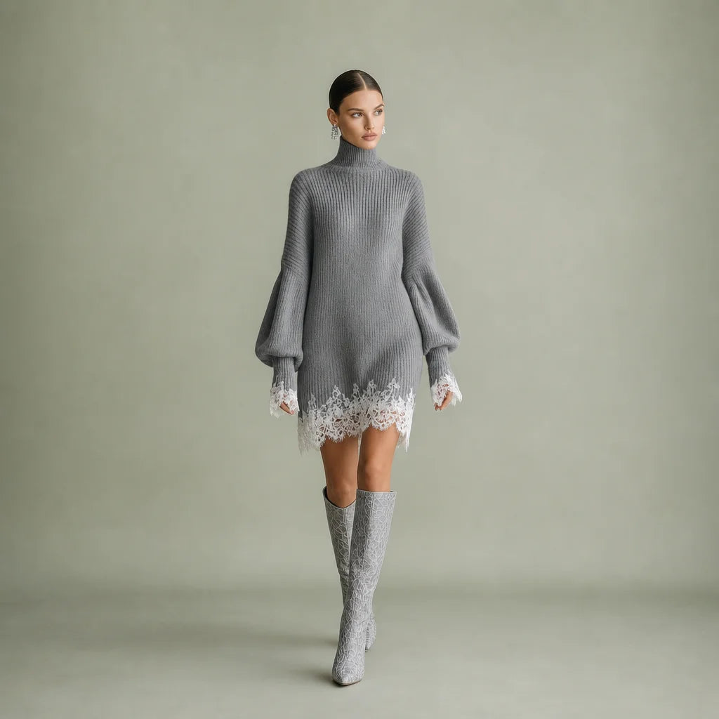Women's Knitted Mini Dress | Elegant Turtleneck with White Lace Detail 0
