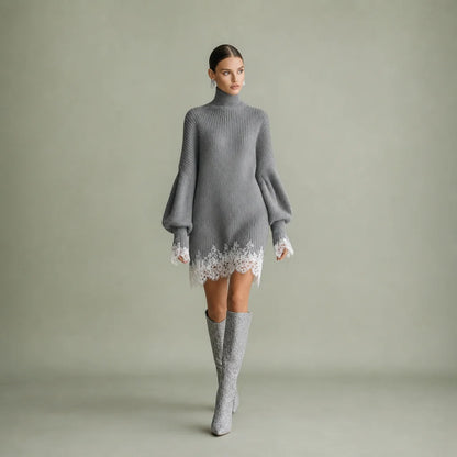 Women's Knitted Mini Dress | Elegant Turtleneck with White Lace Detail 0