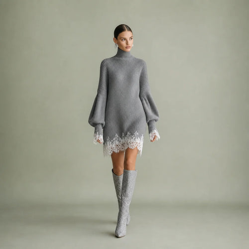 Women's Knitted Mini Dress | Elegant Turtleneck with White Lace Detail 0