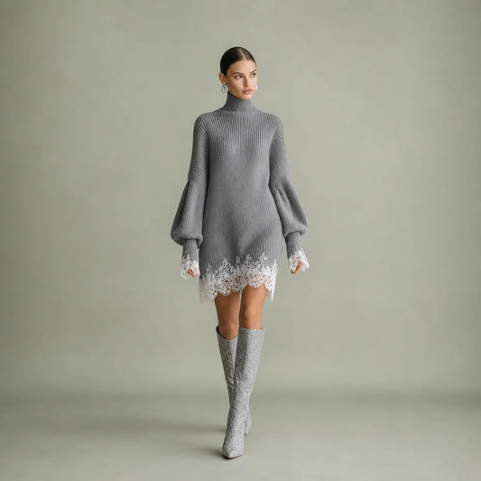 Women's Knitted Mini Dress | Elegant Turtleneck with White Lace Detail 0