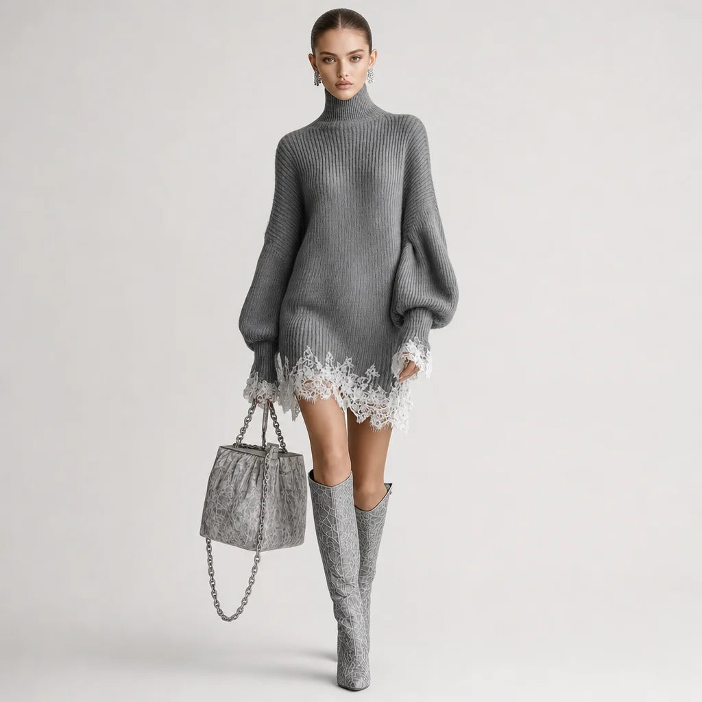 Women's Knitted Mini Dress | Elegant Turtleneck with White Lace Detail 1