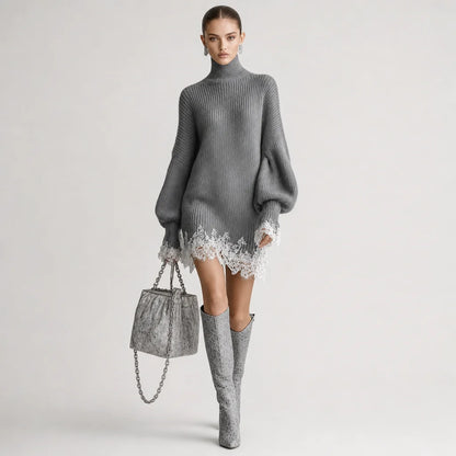 Women's Knitted Mini Dress | Elegant Turtleneck with White Lace Detail 1