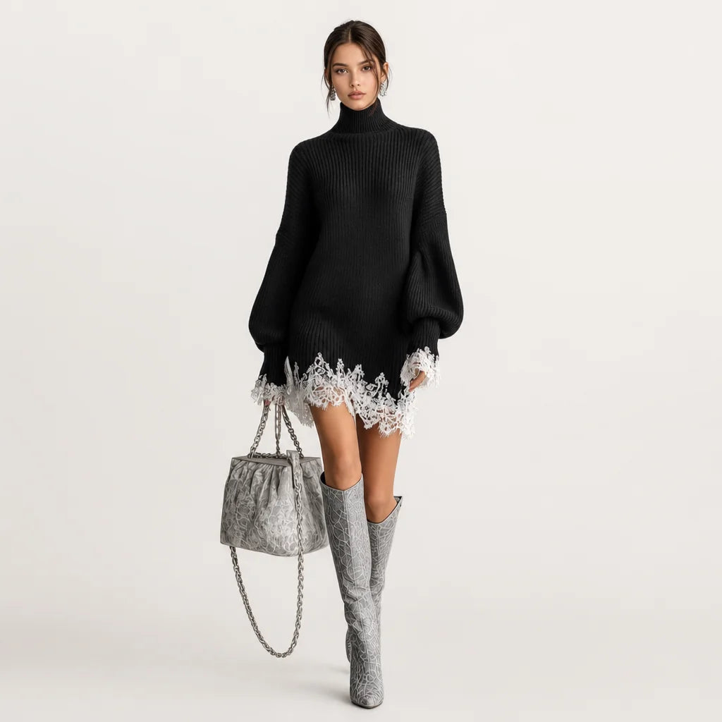 Women's Knitted Mini Dress | Elegant Turtleneck with White Lace Detail 2