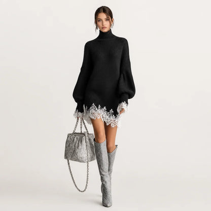 Women's Knitted Mini Dress | Elegant Turtleneck with White Lace Detail 2