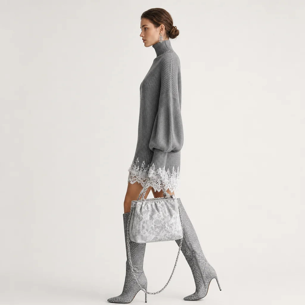 Women's Knitted Mini Dress | Elegant Turtleneck with White Lace Detail 5