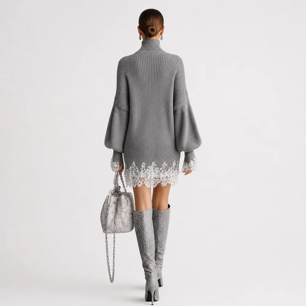 Women's Knitted Mini Dress | Elegant Turtleneck with White Lace Detail 6