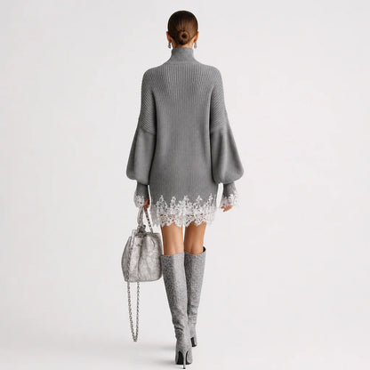 Women's Knitted Mini Dress | Elegant Turtleneck with White Lace Detail 6