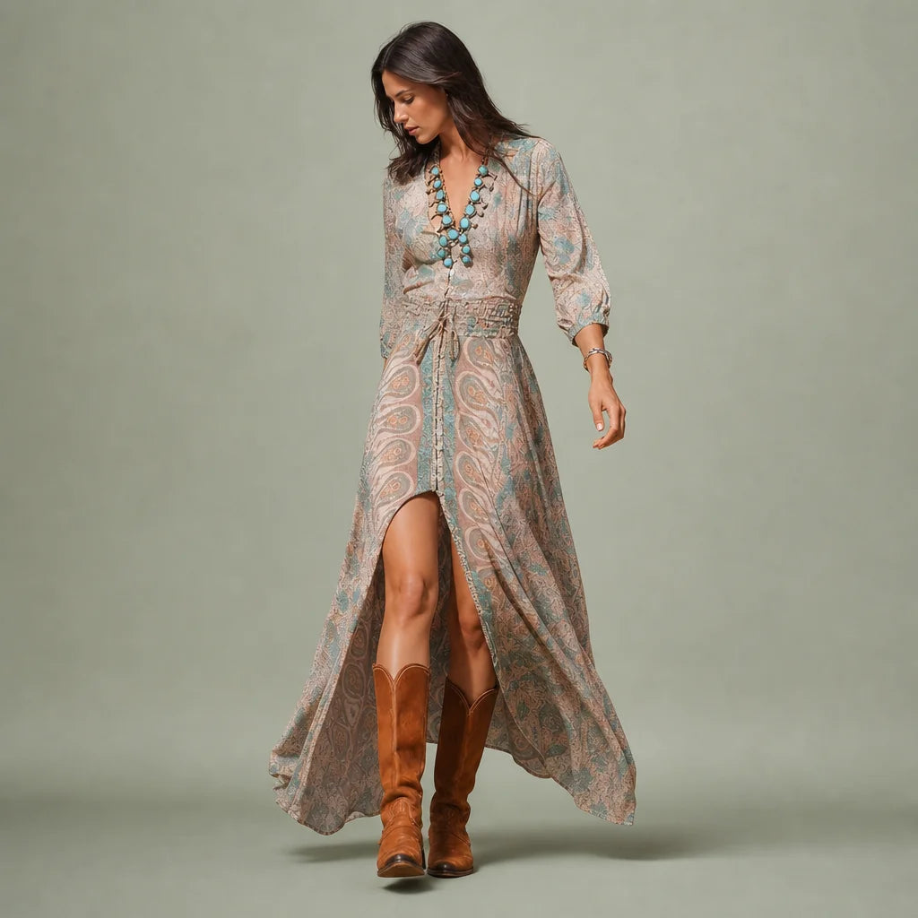 Women's Lightweight Bohemian Maxi Dress | Flowy V-Neck Summer Gown 0