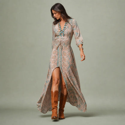Women's Lightweight Bohemian Maxi Dress | Flowy V-Neck Summer Gown 0