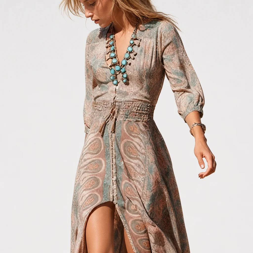 Women's Lightweight Bohemian Maxi Dress | Flowy V-Neck Summer Gown 1
