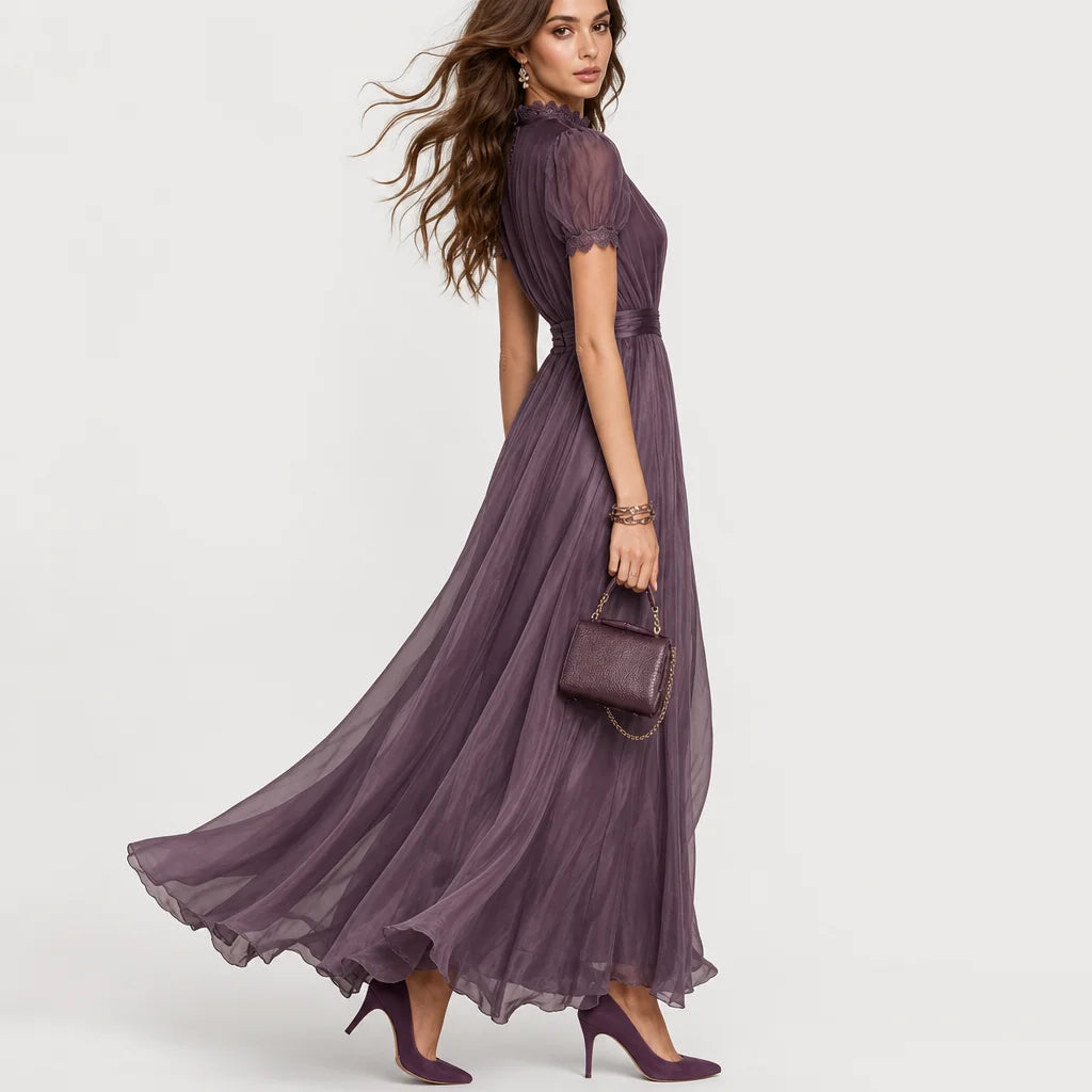 Women's Lightweight Chiffon Maxi Dress | Elegant Keyhole Neckline with Lace Trim 1