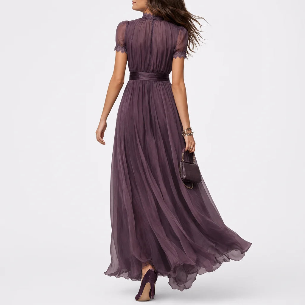 Women's Lightweight Chiffon Maxi Dress | Elegant Keyhole Neckline with Lace Trim 2