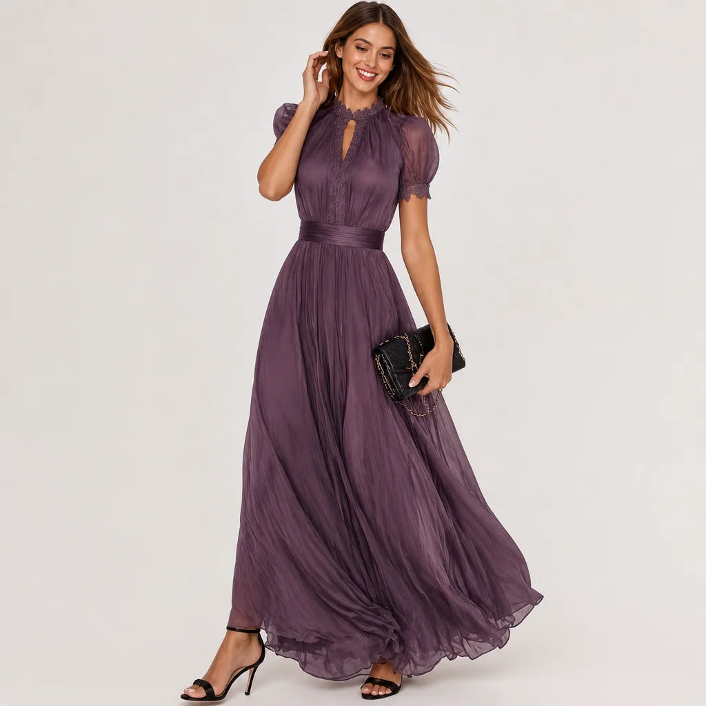 Women's Lightweight Chiffon Maxi Dress | Elegant Keyhole Neckline with Lace Trim 3