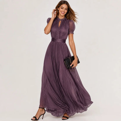 Women's Lightweight Chiffon Maxi Dress | Elegant Keyhole Neckline with Lace Trim 3