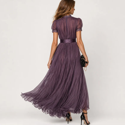 Women's Lightweight Chiffon Maxi Dress | Elegant Keyhole Neckline with Lace Trim 4