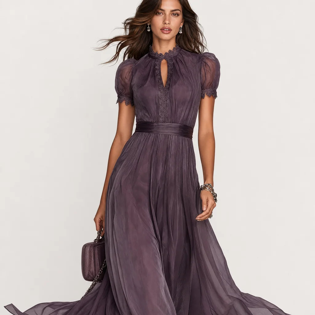 Women's Lightweight Chiffon Maxi Dress | Elegant Keyhole Neckline with Lace Trim 5