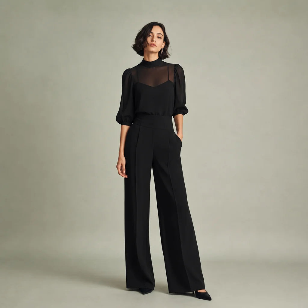 Women's Lightweight Chiffon Three-Piece Set | Elegant Sheer Top with High-Waisted Wide-Leg Pants 0