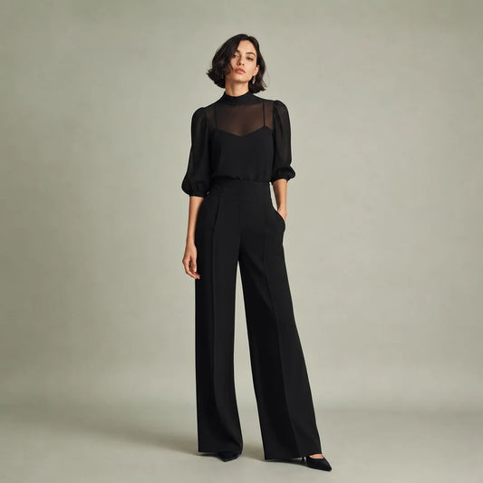 Women's Lightweight Chiffon Three-Piece Set | Elegant Sheer Top with High-Waisted Wide-Leg Pants 0