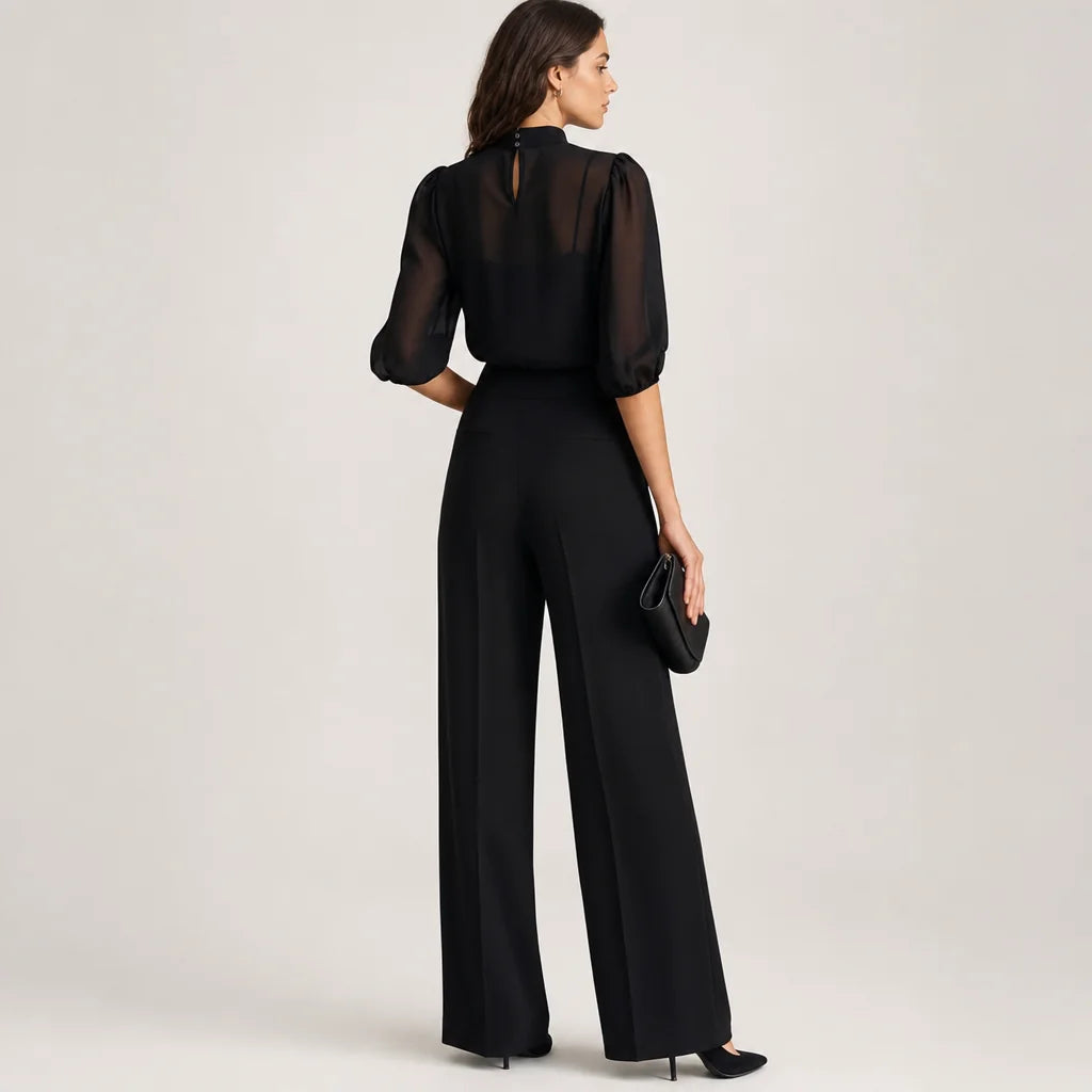 Women's Lightweight Chiffon Three-Piece Set | Elegant Sheer Top with High-Waisted Wide-Leg Pants 1