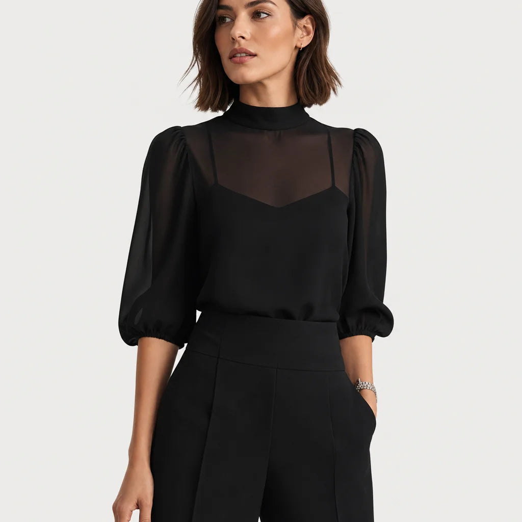 Women's Lightweight Chiffon Three-Piece Set | Elegant Sheer Top with High-Waisted Wide-Leg Pants 3