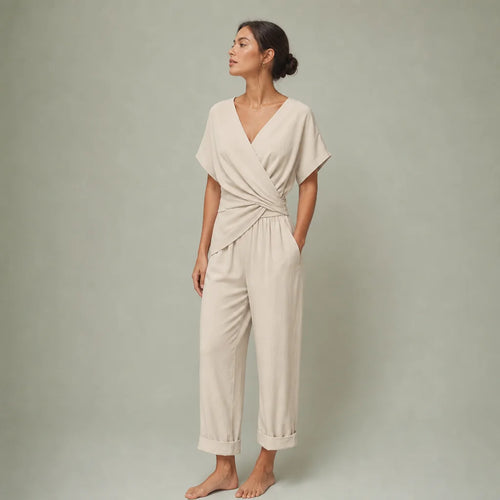 Women's Lightweight Fabric Two Piece Set | Elegant Wrap-Front Top & Tailored Trousers 0