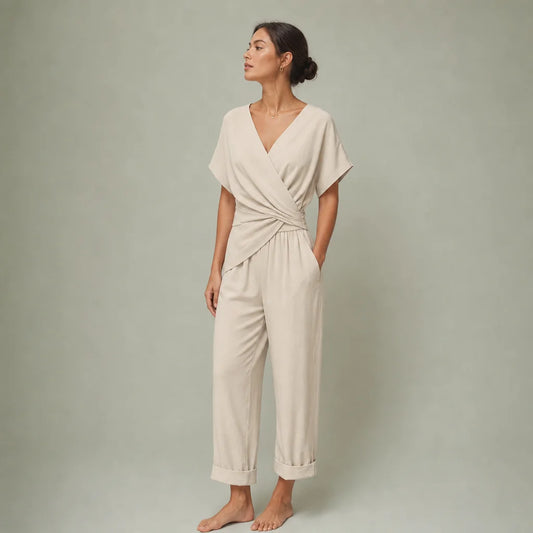 Women's Lightweight Fabric Two Piece Set | Elegant Wrap-Front Top & Tailored Trousers 0