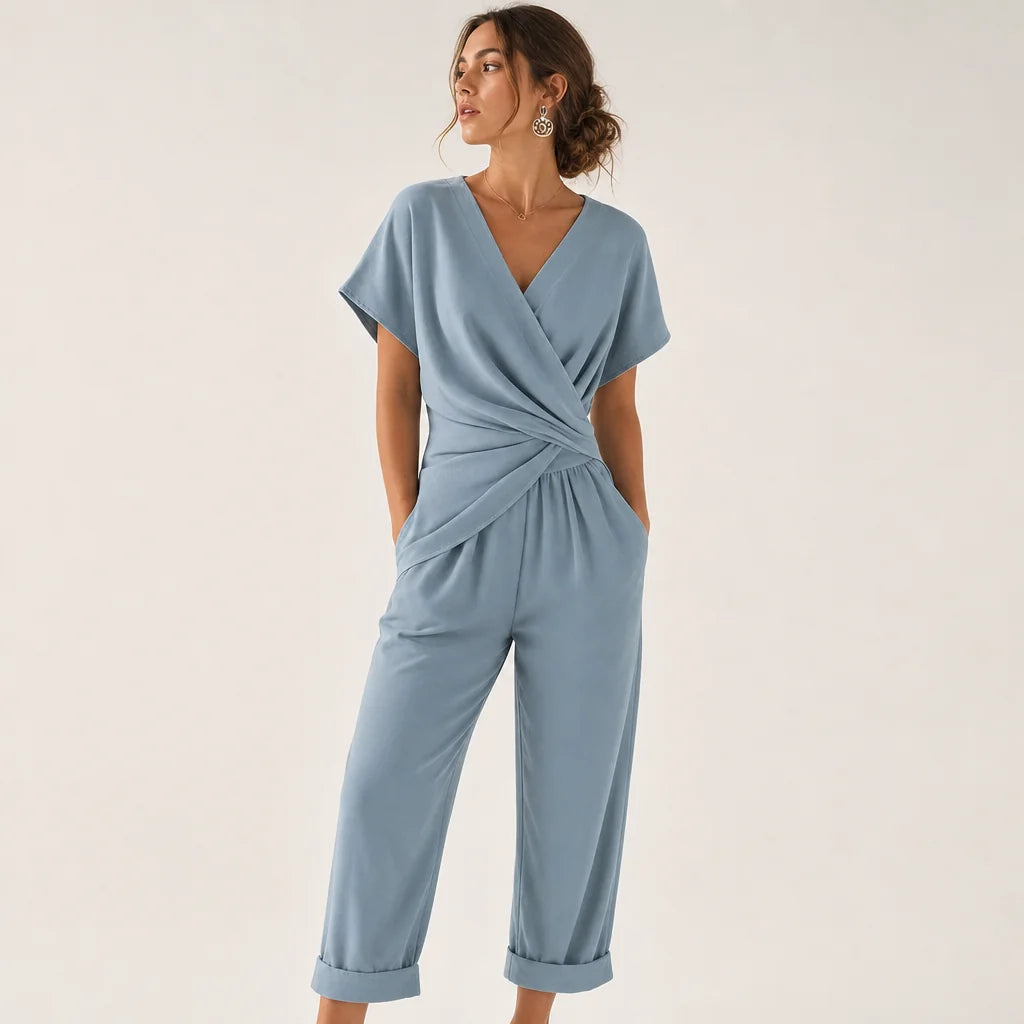 Women's Lightweight Fabric Two Piece Set | Elegant Wrap-Front Top & Tailored Trousers 1