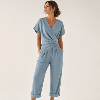 Women's Lightweight Fabric Two Piece Set | Elegant Wrap-Front Top & Tailored Trousers 1