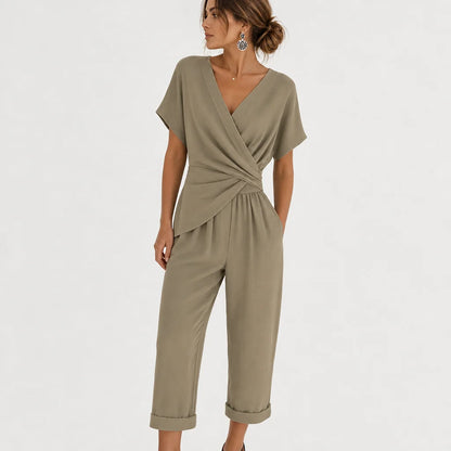 Women's Lightweight Fabric Two Piece Set | Elegant Wrap-Front Top & Tailored Trousers 2