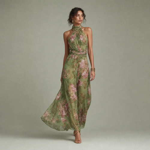 Women's Lightweight Floral Chiffon Maxi Dress | Elegant Halter Summer Gown 0