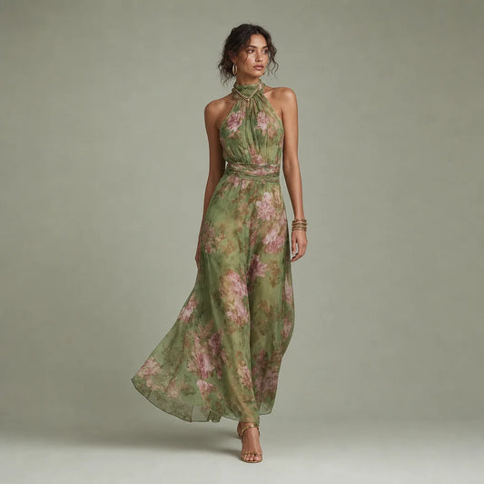 Women's Lightweight Floral Chiffon Maxi Dress | Elegant Halter Summer Gown 0