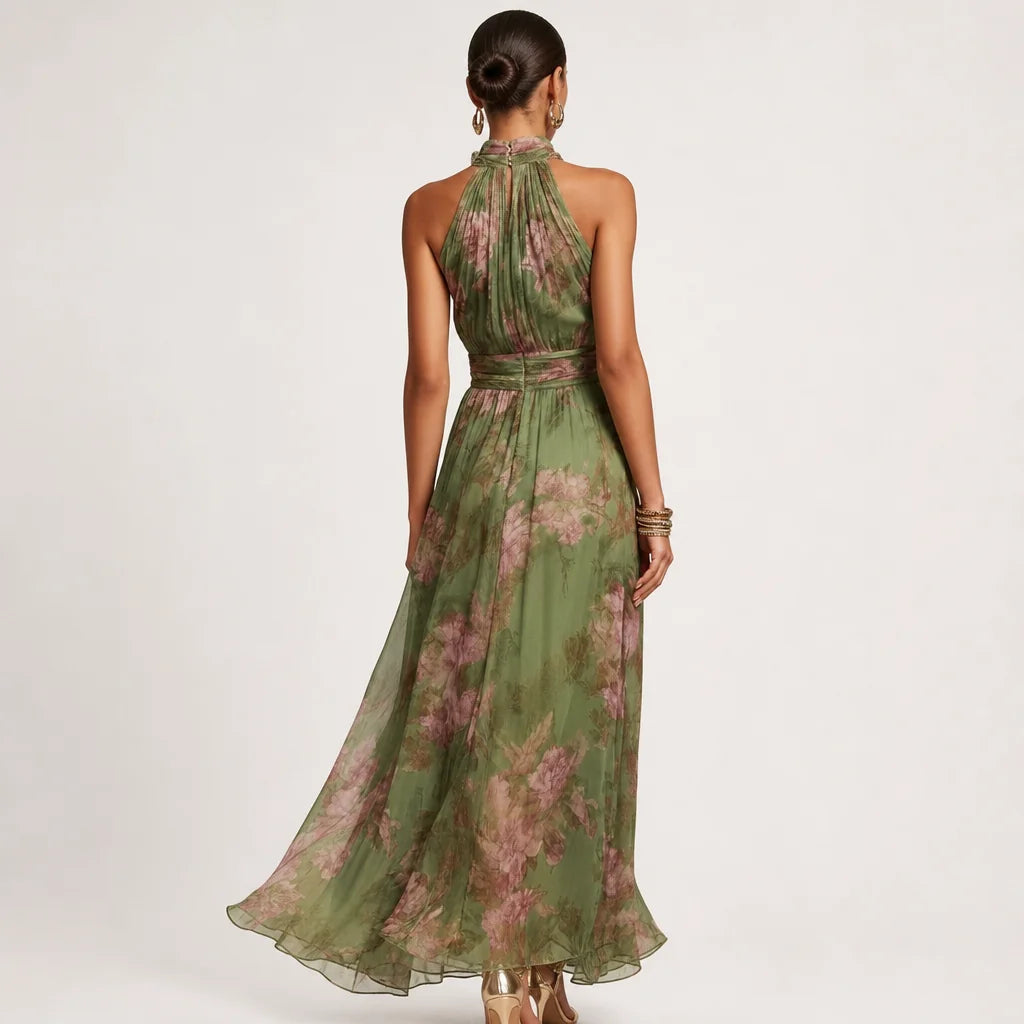 Women's Lightweight Floral Chiffon Maxi Dress | Elegant Halter Summer Gown 1