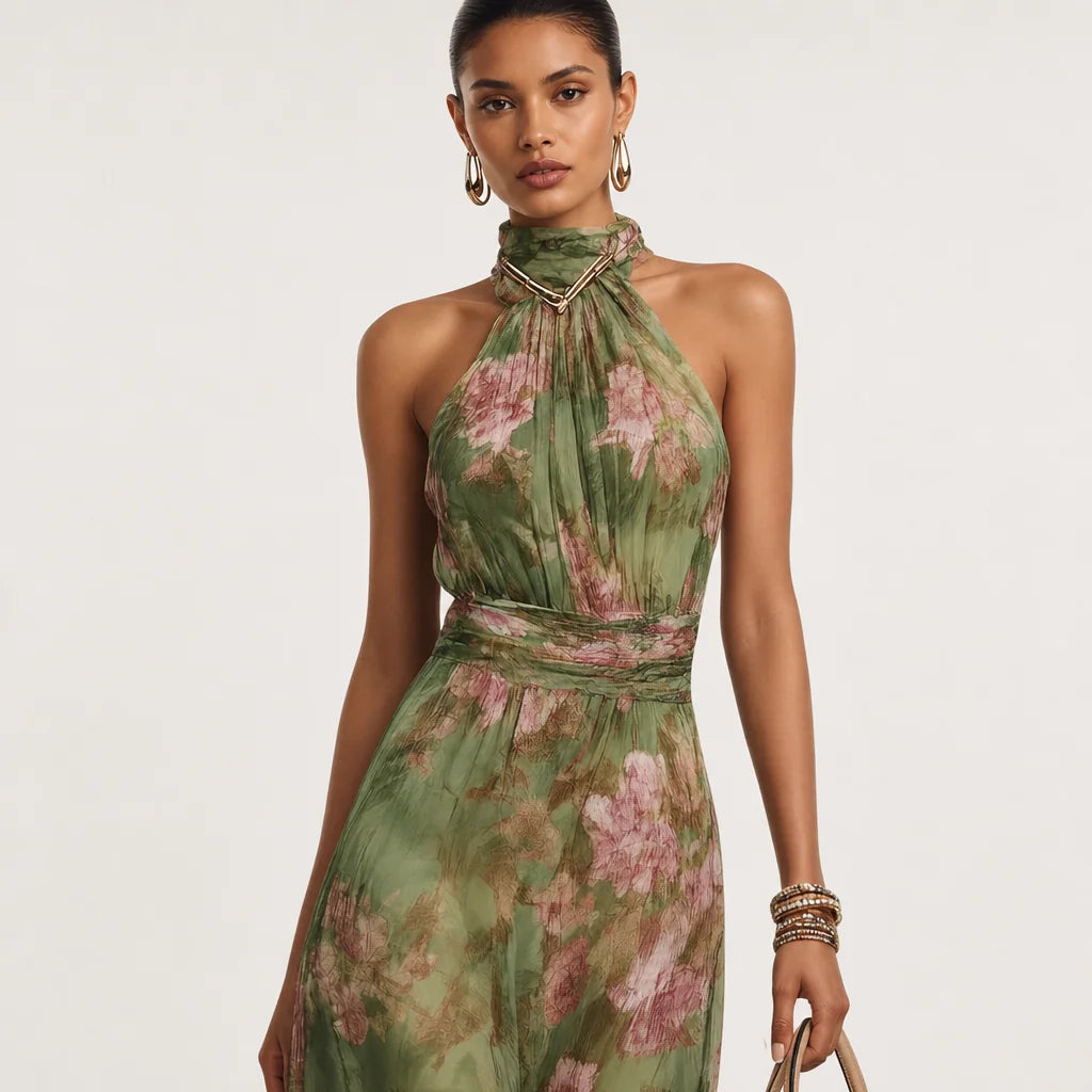 Women's Lightweight Floral Chiffon Maxi Dress | Elegant Halter Summer Gown 2