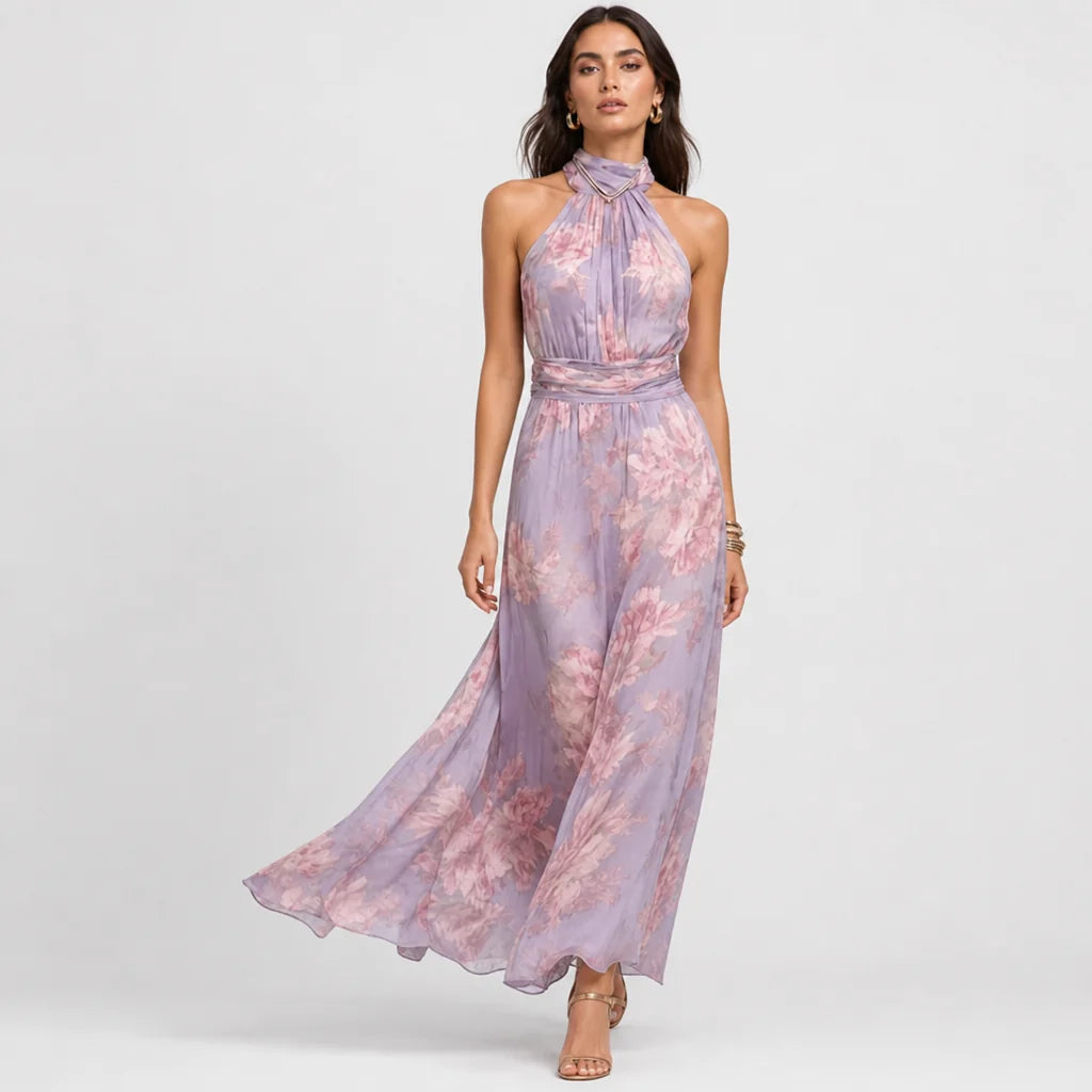 Women's Lightweight Floral Chiffon Maxi Dress | Elegant Halter Summer Gown 4