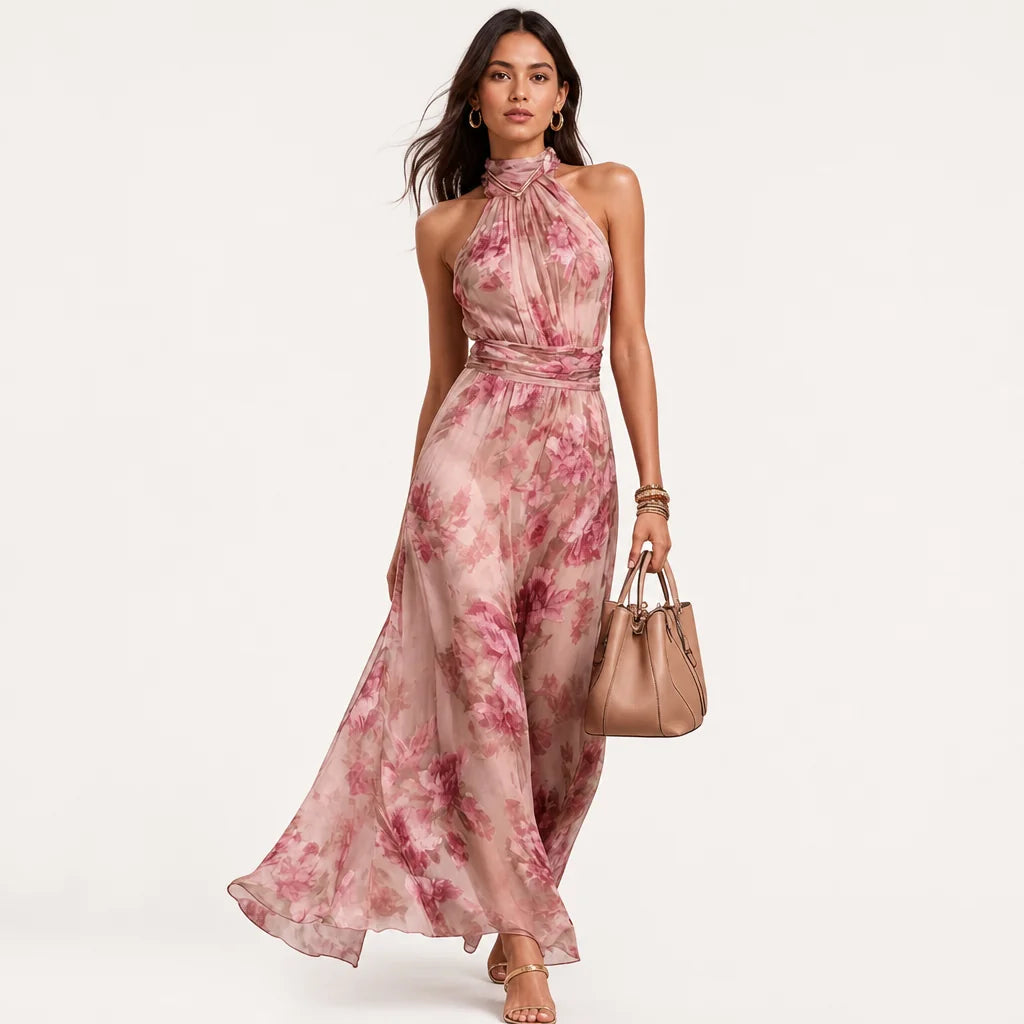 Women's Lightweight Floral Chiffon Maxi Dress | Elegant Halter Summer Gown 5