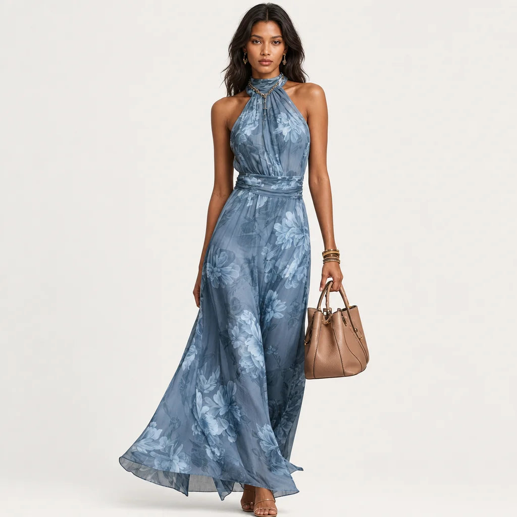 Women's Lightweight Floral Chiffon Maxi Dress | Elegant Halter Summer Gown 6