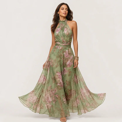 Women's Lightweight Floral Chiffon Maxi Dress | Elegant Halter Summer Gown 8