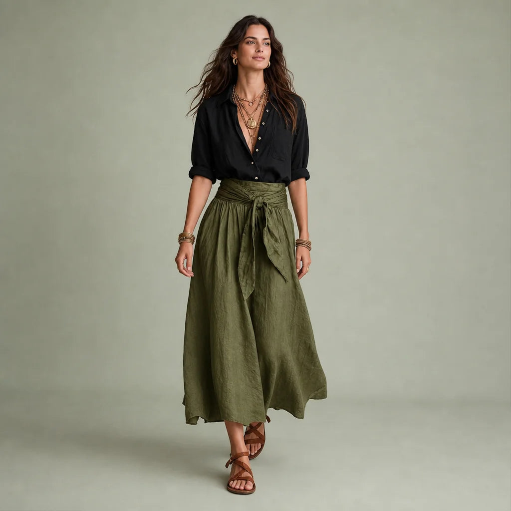Women's Lightweight Flowy Two Piece Set | Elegant Button-Up Blouse and High-Waisted Maxi Skirt 0
