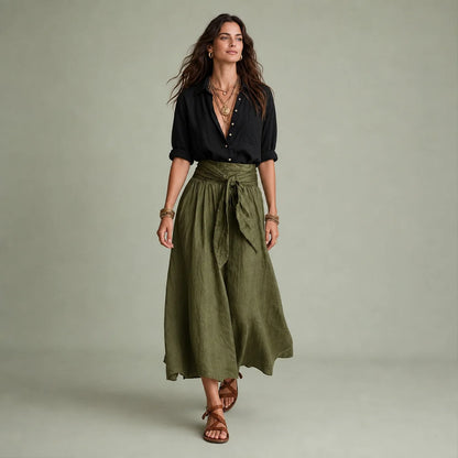 Women's Lightweight Flowy Two Piece Set | Elegant Button-Up Blouse and High-Waisted Maxi Skirt 0