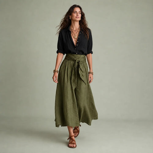 Women's Lightweight Flowy Two Piece Set | Elegant Button-Up Blouse and High-Waisted Maxi Skirt 0