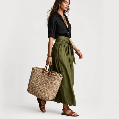 Women's Lightweight Flowy Two Piece Set | Elegant Button-Up Blouse and High-Waisted Maxi Skirt 1